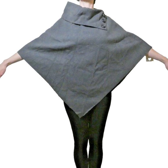 Gray Wool Felt Cape OS Vintage Poncho High Buttoned Collar British Mod GoGo NWT - Picture 3 of 8